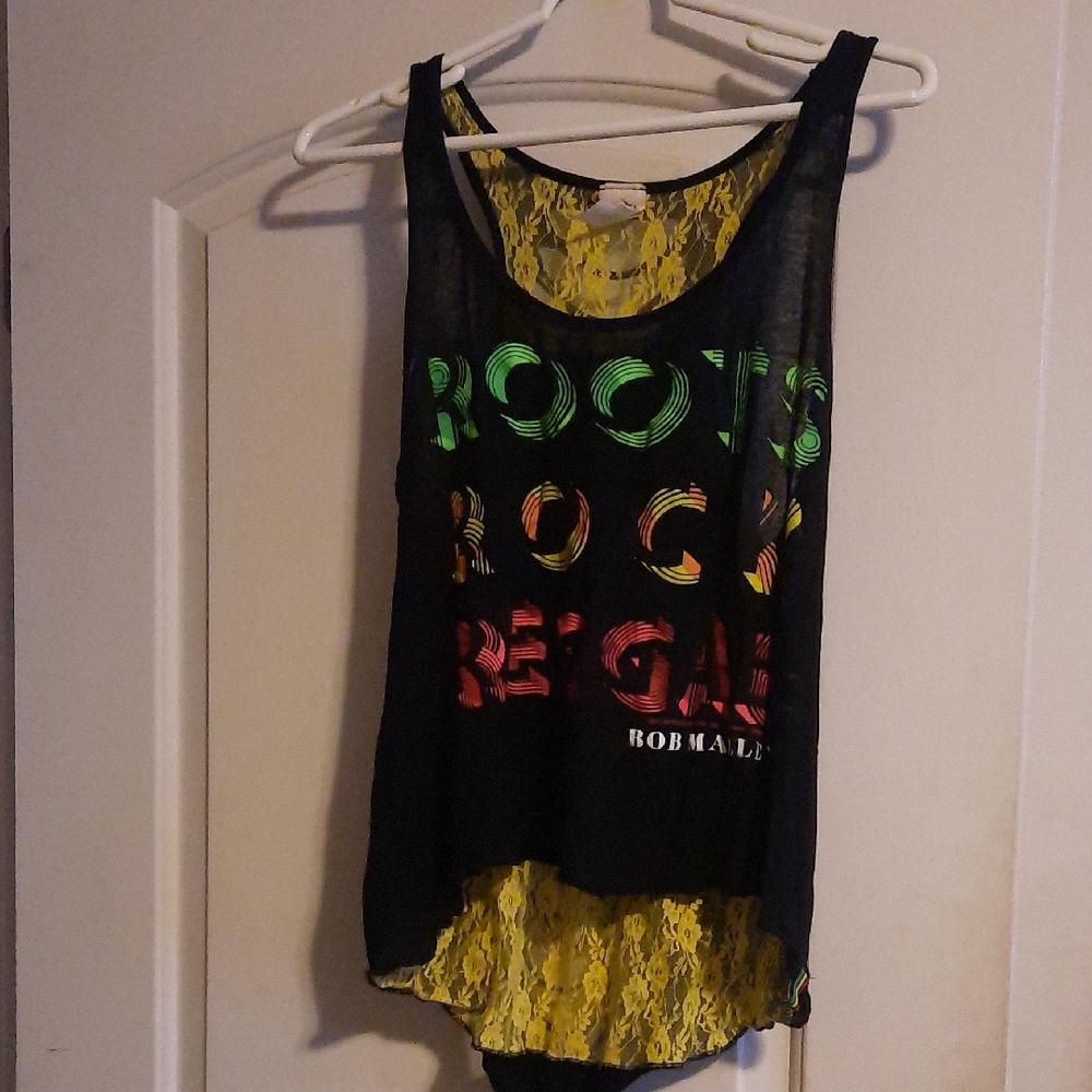 Black Tank Top with Yellow Lace Back and Multicolor Graphic